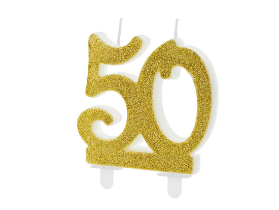 PartyDeco Party Candle Age 50 Glitter Gold 7.5cm