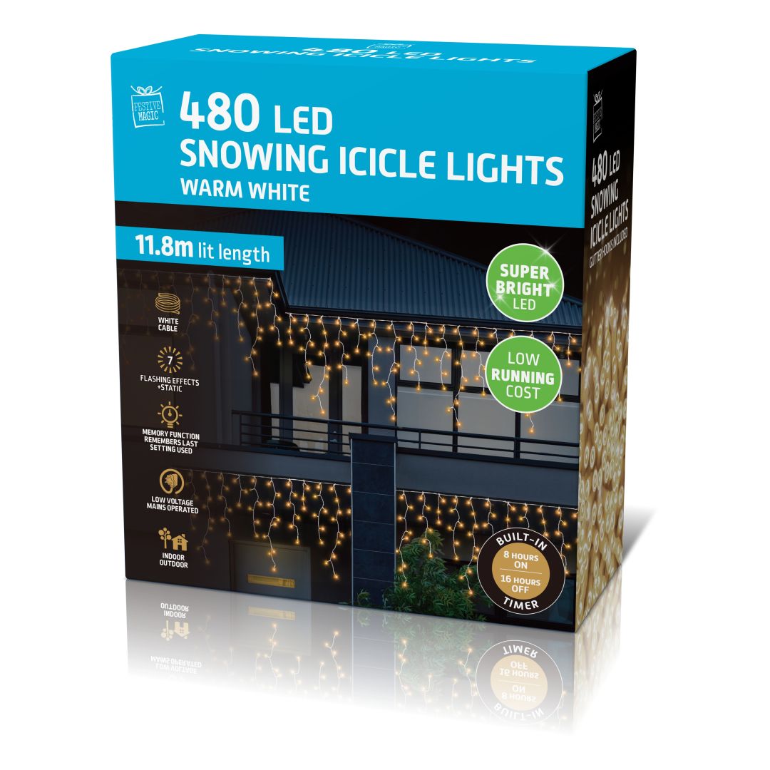 LED Snowing Icicle Lights Warm White 480pk