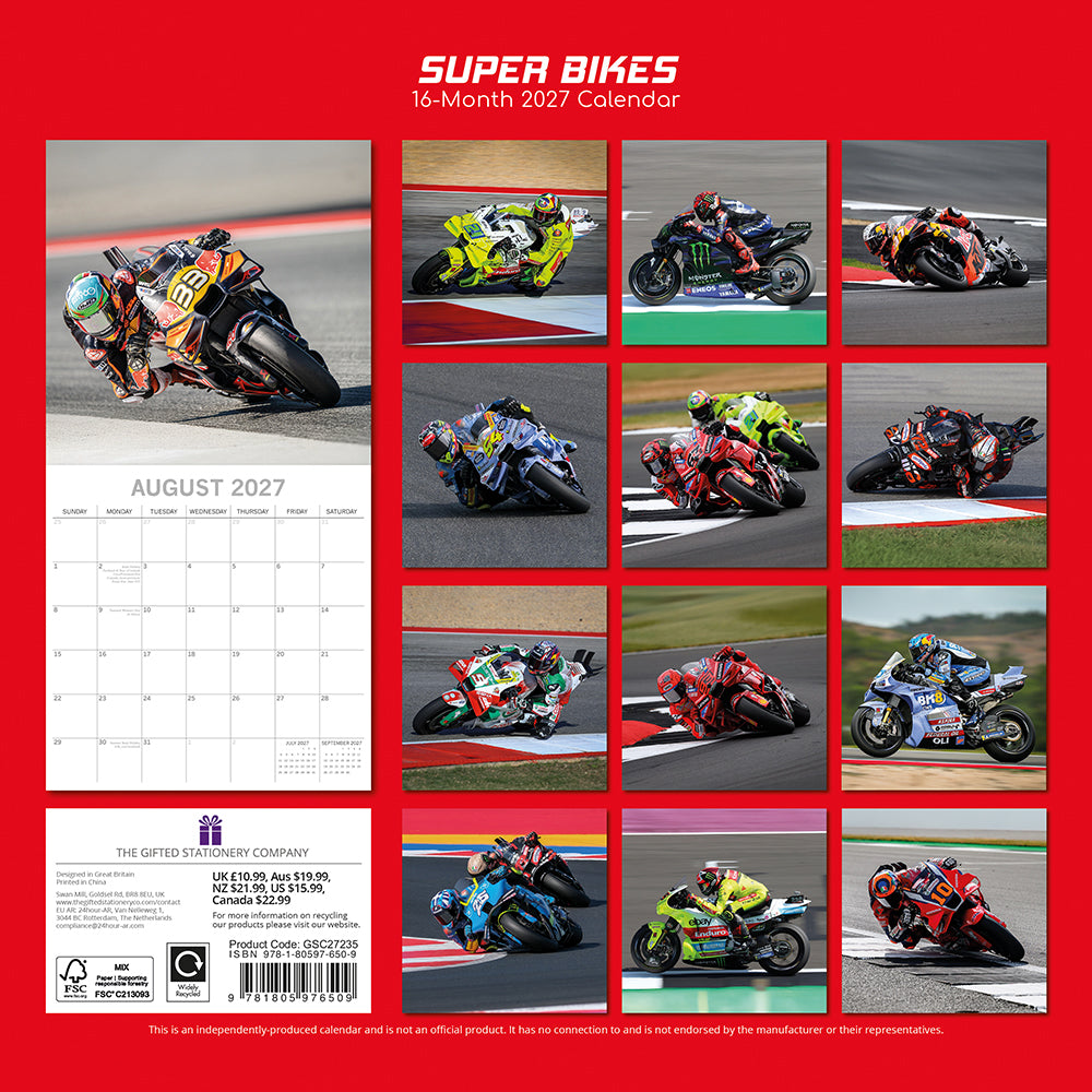 Gifted Stationery Calendar Super Bikes 2027