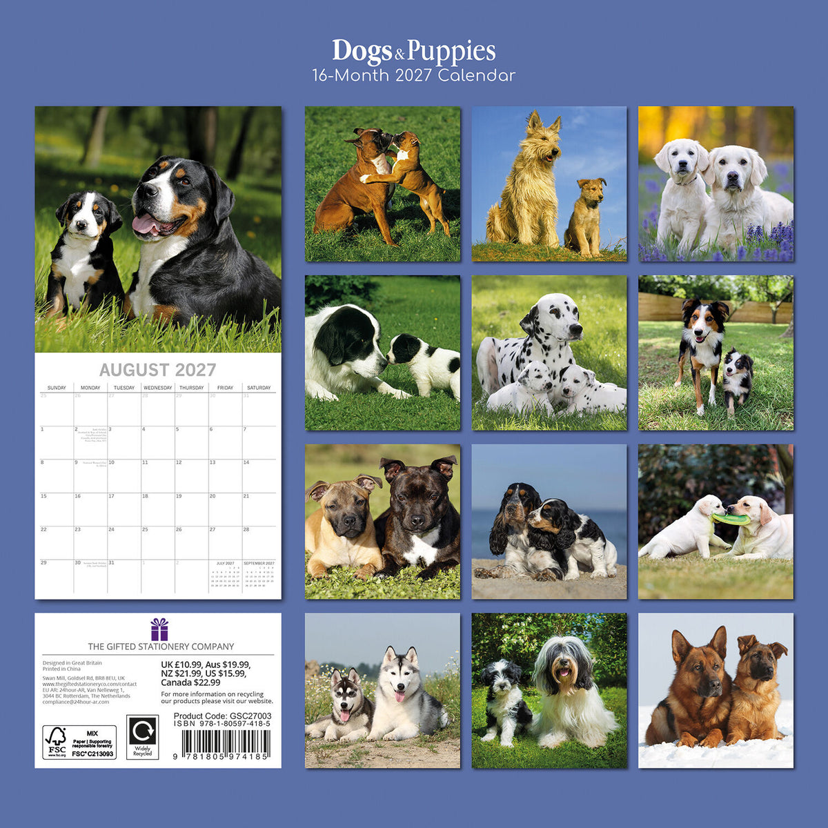 Gifted Stationery Calendar Dogs & Puppies 2027