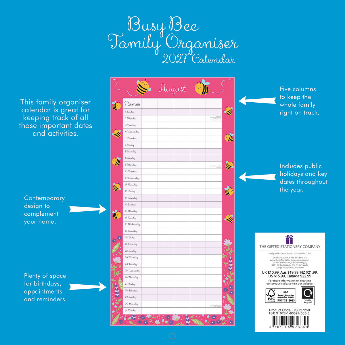 Gifted Stationery Calendar/Organiser Busy Bee 2027