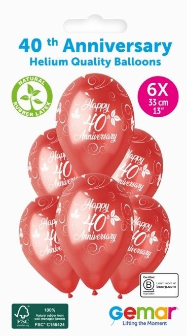 Gemar 40th Anniversary 13" Latex Balloons 6pk