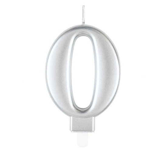 Unique Party Candle Metallic Silver 8cm Number 0