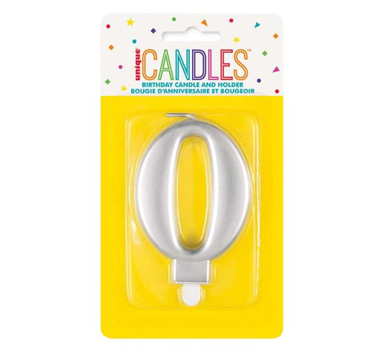Unique Party Candle Metallic Silver 8cm Number 0
