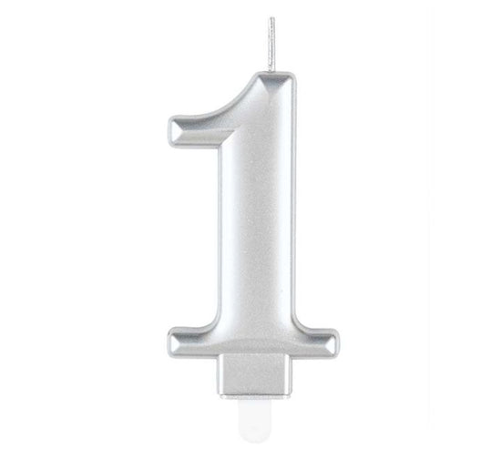 Unique Party Candle Metallic Silver 8cm Number 1