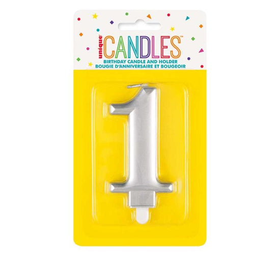 Unique Party Candle Metallic Silver 8cm Number 1