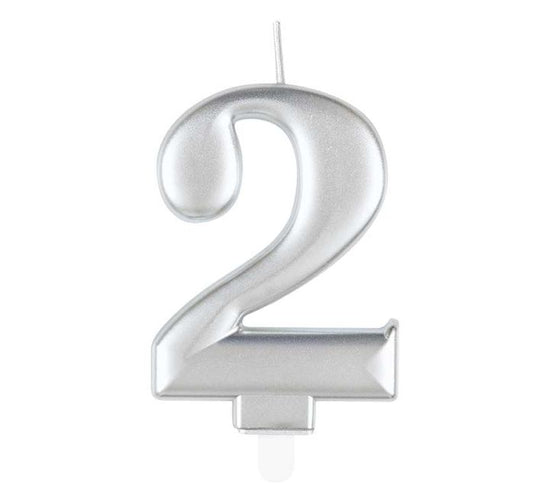 Unique Party Candle Metallic Silver 8cm Number 2