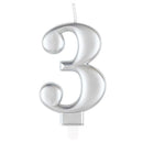 Unique Party Candle Number 3 Metallic Silver 8cm