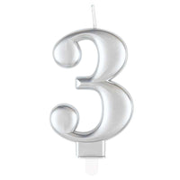 Unique Party Candle Number 3 Metallic Silver 8cm