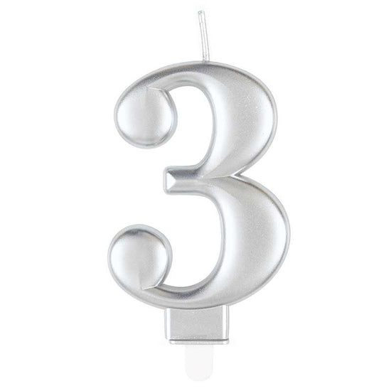 Unique Party Candle Metallic Silver 8cm Number 3