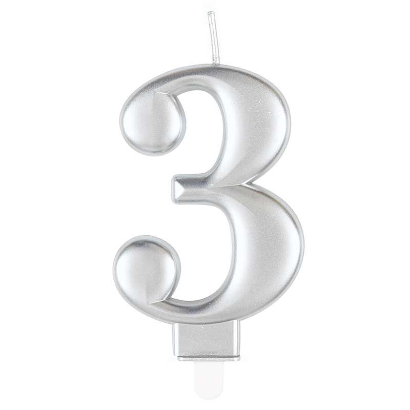 Unique Party Candle Number 3 Metallic Silver 8cm