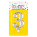 Unique Party Candle Number 3 Metallic Silver 8cm