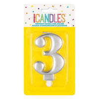 Unique Party Candle Number 3 Metallic Silver 8cm