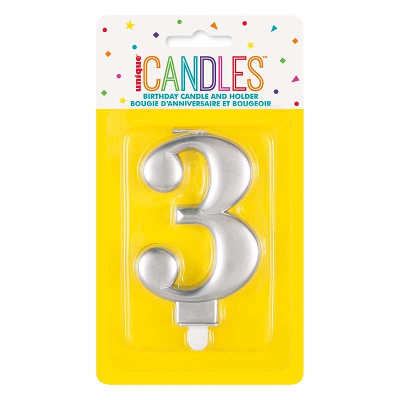 Unique Party Candle Number 3 Metallic Silver 8cm