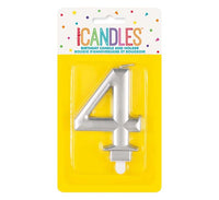 Unique Party Candle Number 4 Metallic Silver 8cm