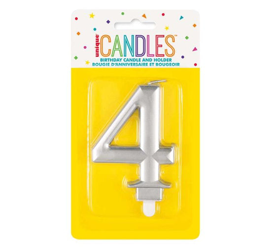 Unique Party Candle Metallic Silver 8cm Number 4