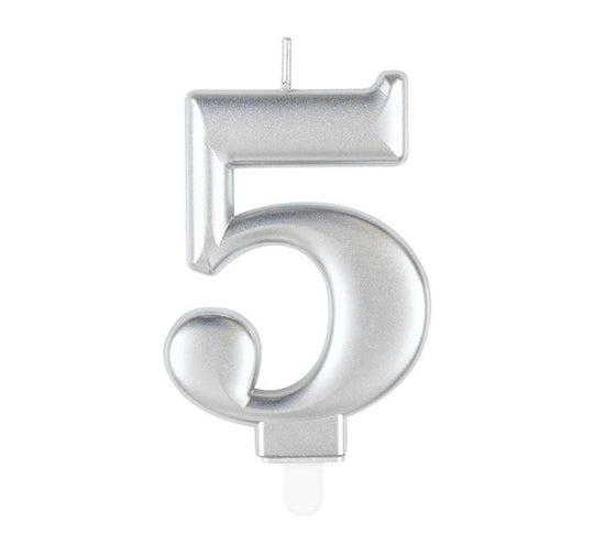 Unique Party Candle Metallic Silver 8cm Number 5
