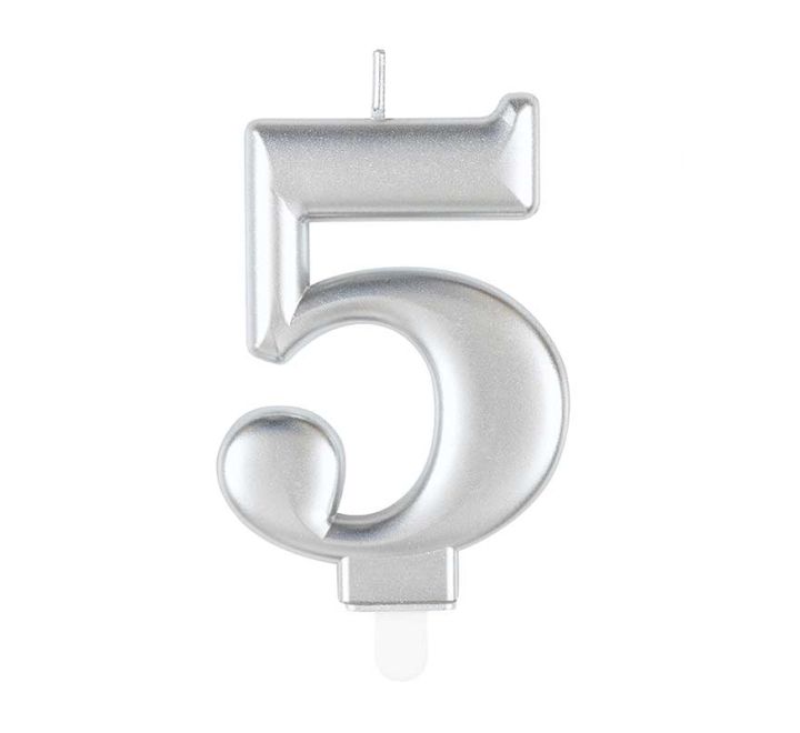 Unique Party Candle Number 5 Metallic Silver 8cm