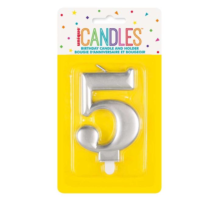 Unique Party Candle Number 5 Metallic Silver 8cm