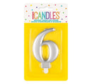 Unique Party Candle Number 6 Metallic Silver 8cm