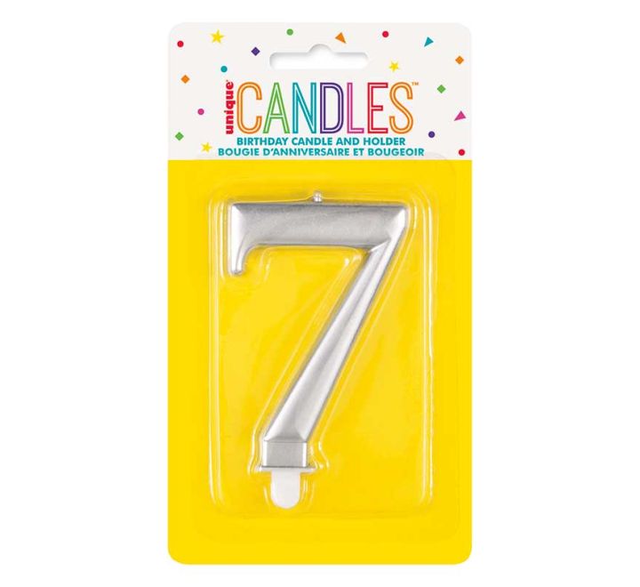 Unique Party Candle Number 7 Metallic Silver 8cm