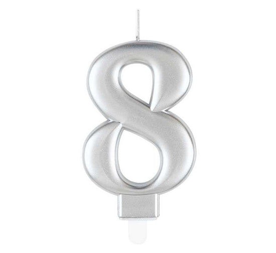 Unique Party Candle Metallic Silver 8cm Number 8