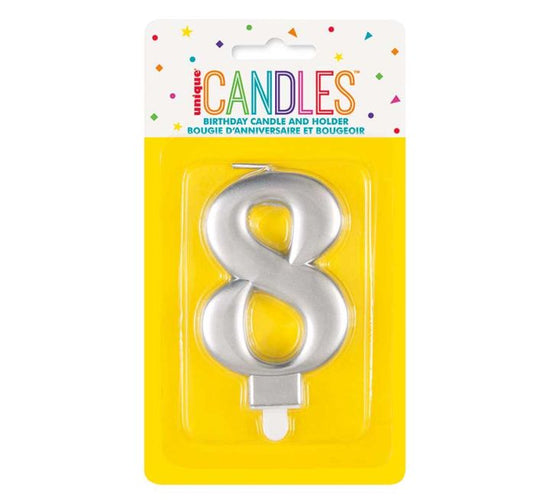 Unique Party Candle Metallic Silver 8cm Number 8