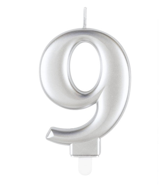 Unique Party Candle Metallic Silver 8cm Number 9