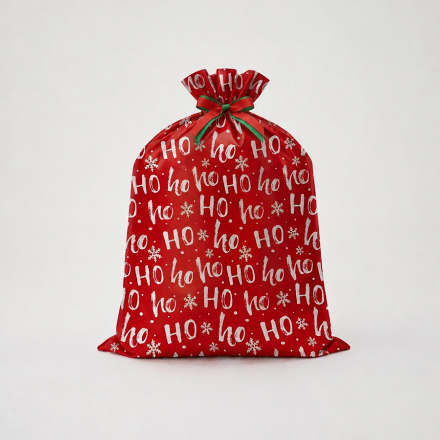 Tiger Feet Drawstring Gift Sack Ho Ho Ho 6pk, festive red Christmas gift bags with drawstring closure