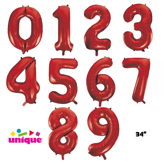 Unique Foil Balloon Red 34" Numbers 0 - 9