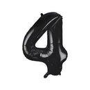 Black foil balloon shaped as the number 4 by Unique, measuring 34 inches tall, with shiny metallic surface and printed branding.