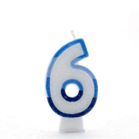 Blue APAC party candle number 6 set, featuring six tall candles with a vibrant blue color and decorative number six design.