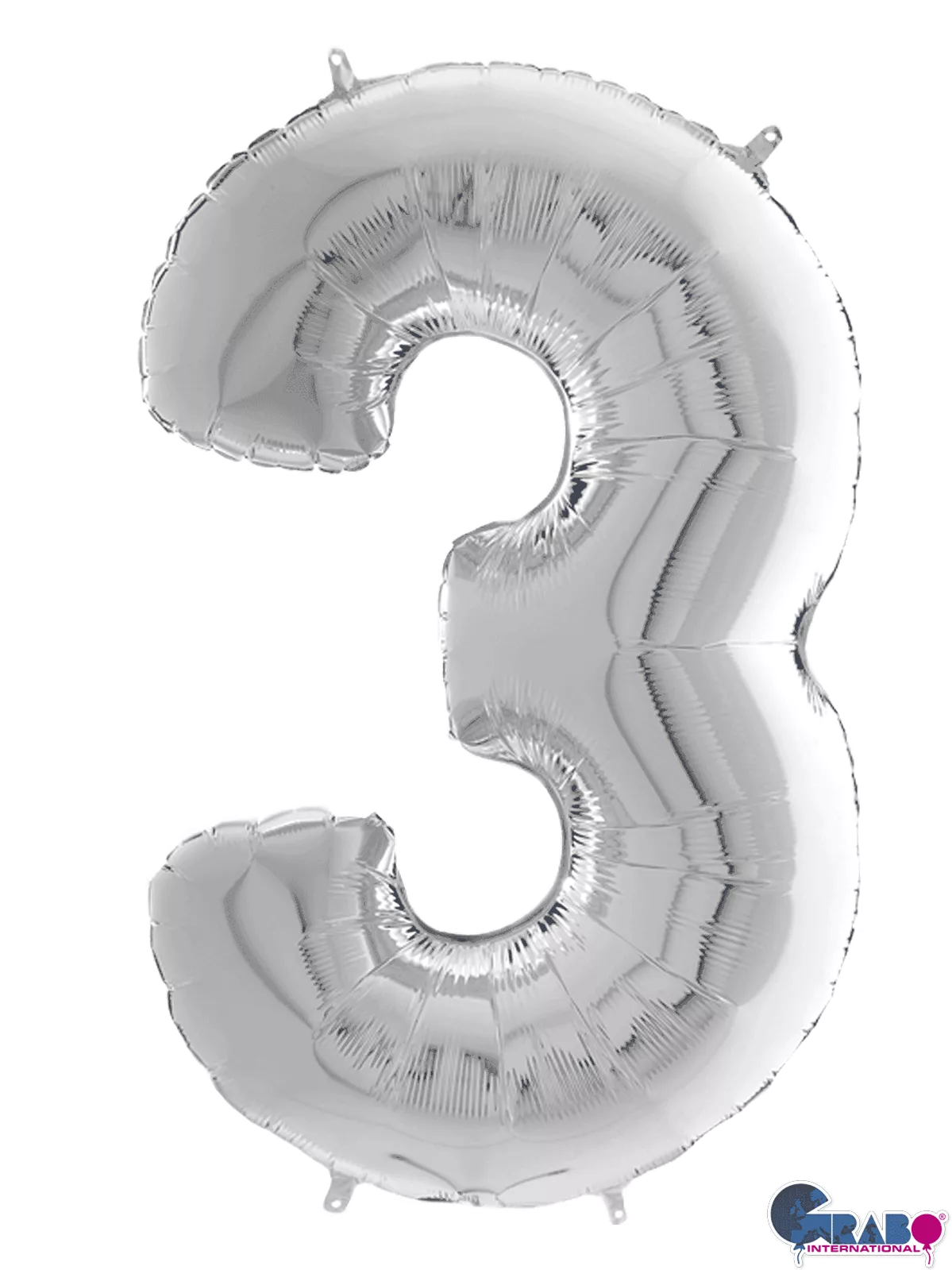 Silver Grabo foil balloon in the shape of the number 3, measuring 26 inches tall, perfect for celebrations and decorations.