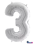 Silver Grabo foil balloon in the shape of the number 3, measuring 26 inches tall, perfect for celebrations and decorations.