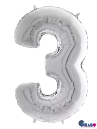 Silver Grabo foil balloon in the shape of the number 3, measuring 26 inches tall, perfect for celebrations and decorations.