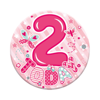 Six small birthday badges by Tiger Feet displaying age 2 for party decorations and celebrations.