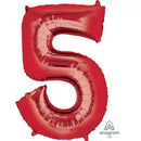 Red Anagram foil balloon shaped as the number 5, 34 inches tall, ideal for celebrations and party decorations.