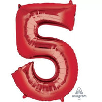 Red Anagram foil balloon shaped as the number 5, 34 inches tall, ideal for celebrations and party decorations.