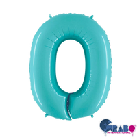 Pastel blue Grabo foil balloon shaped as the number 0, 26 inches tall, inflated and floating against a plain background.