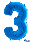 Blue 26-inch Grabo foil balloon shaped as the number 3, with shiny metallic finish and vibrant color.