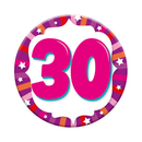 Six small Tiger Feet birthday badges with the number 30 in bright colors, perfect for celebrating a 30th birthday.