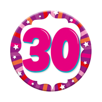 Six small Tiger Feet birthday badges with the number 30 in bright colors, perfect for celebrating a 30th birthday.