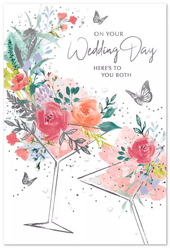 Six Simon Elvin C50 wedding cards with elegant floral and script designs on white backgrounds, perfect for wedding celebrations.