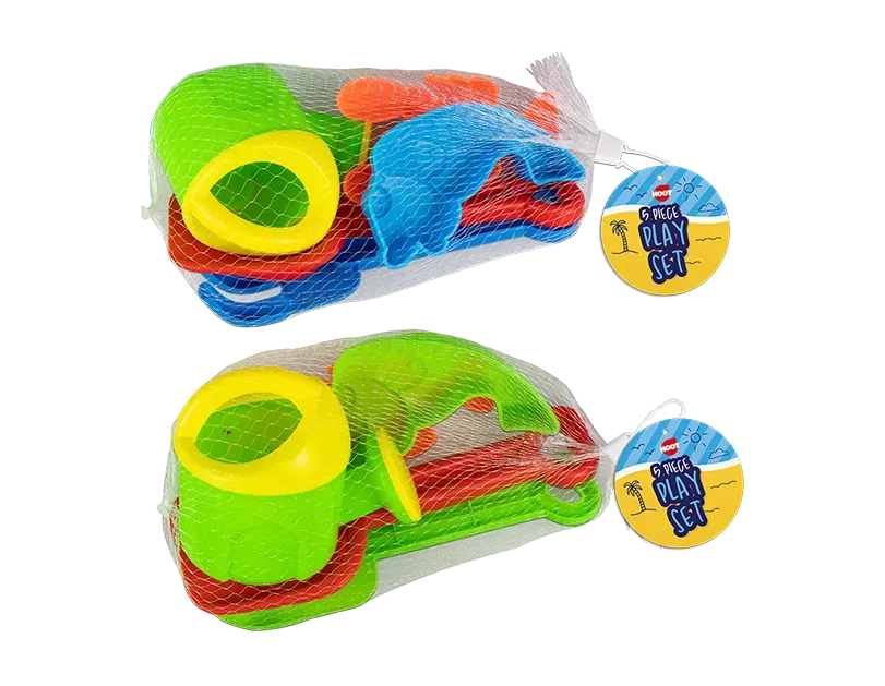 Colorful Gem Imports beach toys set with five pieces, including buckets and shovels, perfect for kids' sand play at the beach.
