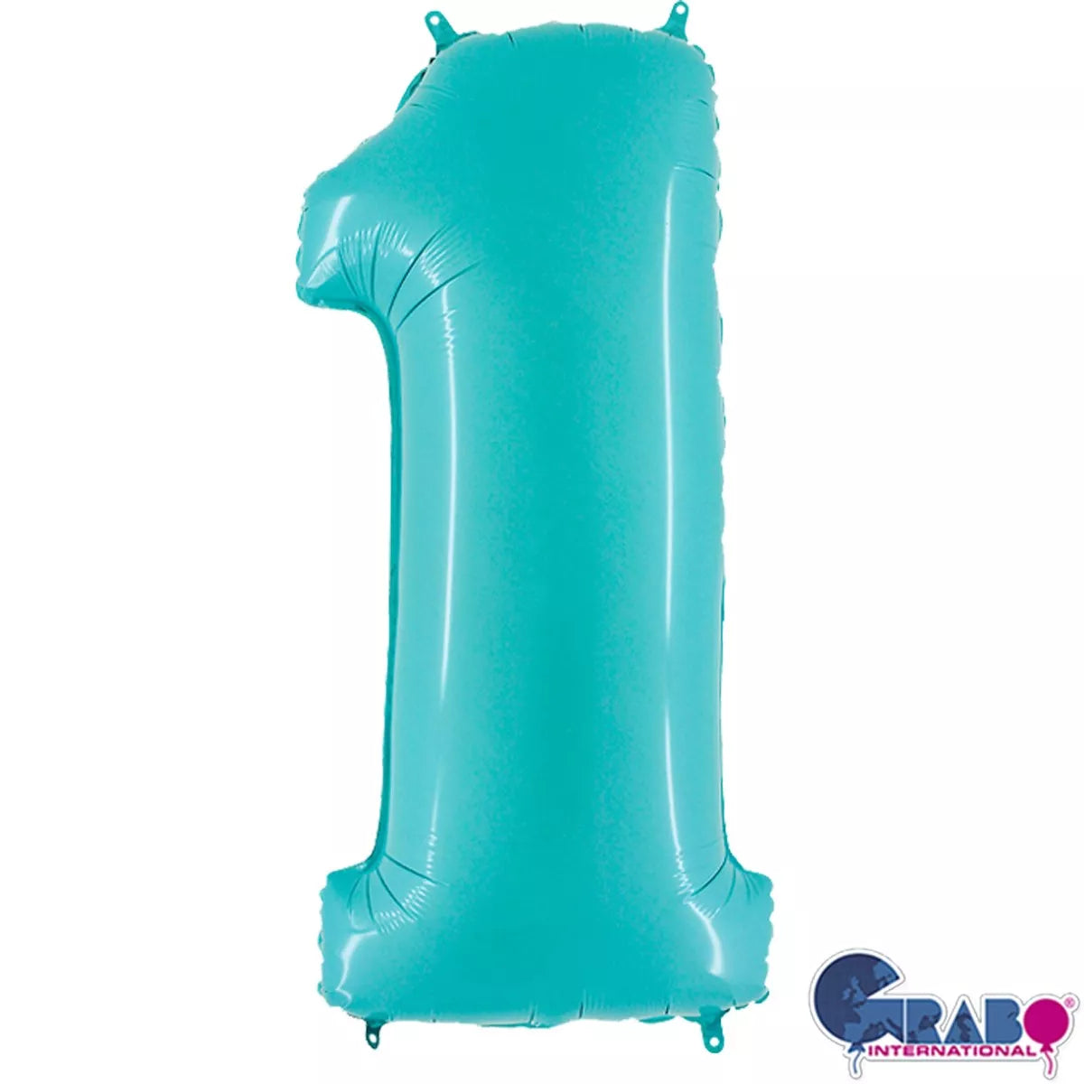 Pastel blue Grabo foil balloon in the shape of the number 1, measuring 40 inches tall, suitable for celebrations and decorations.