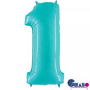 Pastel blue Grabo foil balloon in the shape of the number 1, measuring 40 inches tall, suitable for celebrations and decorations.