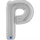 Silver Grabo foil balloon in the shape of the letter P, measuring 26 inches tall, designed for celebrations and decorative purposes.