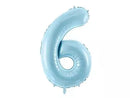 PartyDeco blue foil balloon shaped as the number 6, 34 inches tall, perfect for celebrations and party decor.