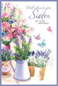 Simon Elvin C50 birthday sister cards, a 6-pack of colorful greeting cards featuring celebratory designs for sisters.
