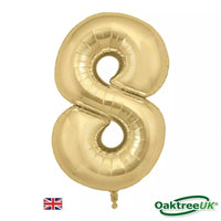 Oaktree Gold Foil Balloon in the shape of the number 8, 34 inches tall, shiny and reflective for celebrations or events